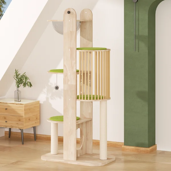 Luxury Wood Cat Tree Tower with Scratching Posts, Comfortable Pads, and a Fence Design